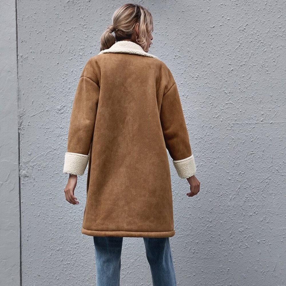 sherpa shearling lined pocket trench pea coat came - Picture 5 of 6